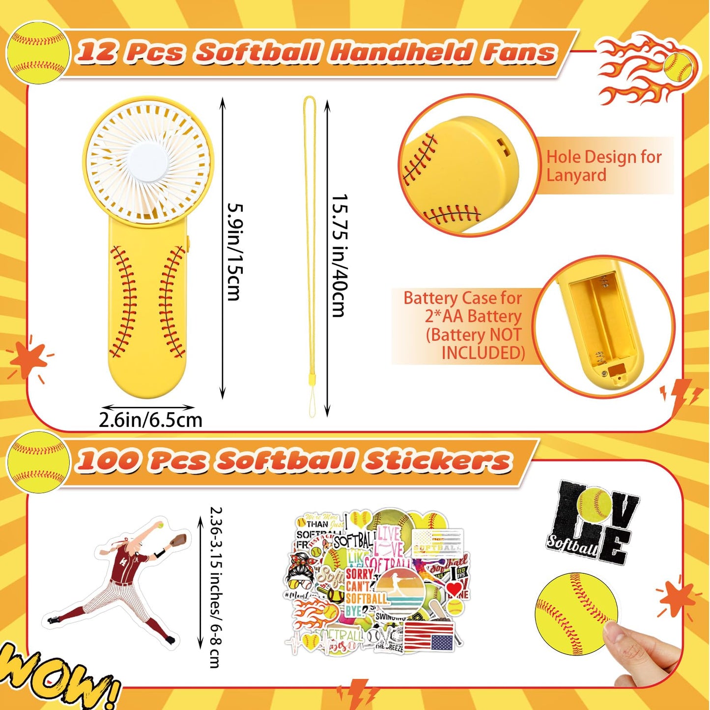 Tujoe 36 Pcs Softball Party Favors 40 x 12 Cooling Workout Towel Mini Portable Handheld Fan with Lanyards Clear Softball Gift Bag with Handles and Stickers for Sport Team Gift, Battery Not Include