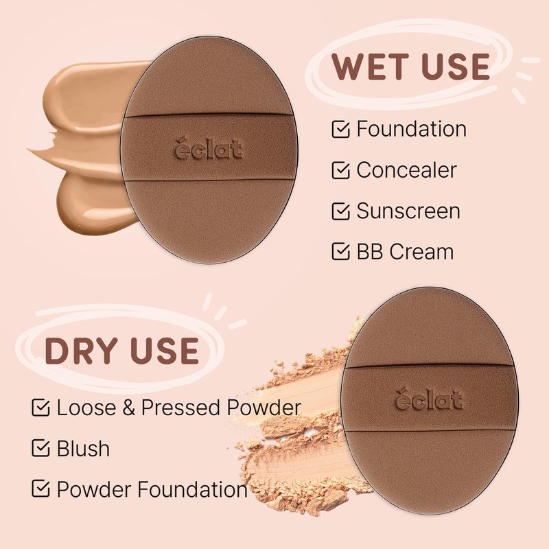 Éclat Makeup Sponge Set, 2 Pcs Air Cushion Puff, Latex-Free 100% Rubycell Blender Sponge, Wet & Dry Use for Liquid, Powder, Cream Foundation, Soft Oval Shape Professional Beauty Blending Applicators