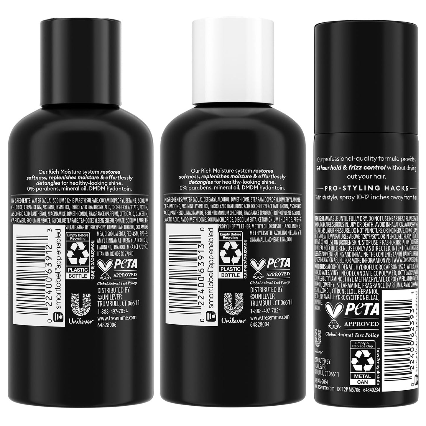 TRESemmé Travel Essentials for Hair Care – Rich Moisture Shampoo, Conditioner & Extra Hold Hairspray for Heat Protection & 24H Frizz Control