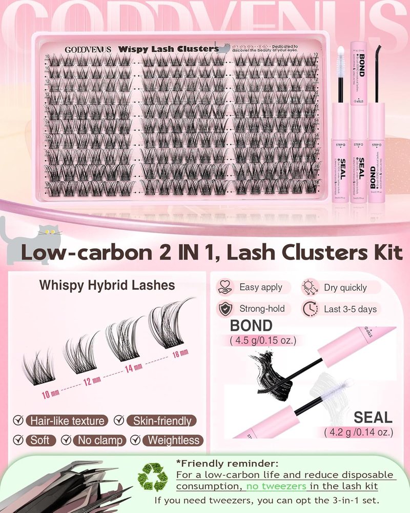 Goddvenus Lash Clusters Kit - Wispy DIY Eyelash Extensions | 180pcs C Curl 10-16mm Natural Look