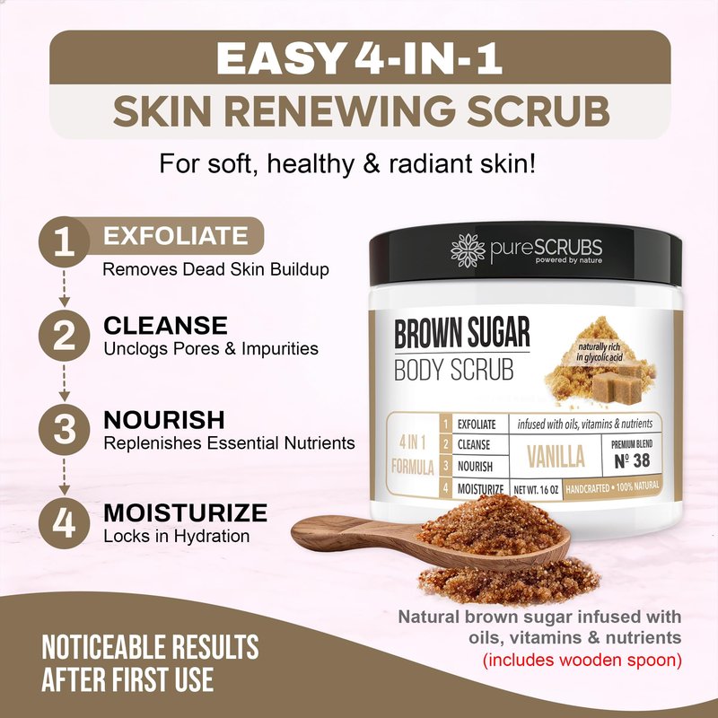 pureSCRUBS Premium Vanilla Brown Sugar Scrub | Face, Feet & Full Body Scrub | Large 16oz Jar Includes Wooden Spoon, Loofah & Mini Exfoliating Bar Soap
