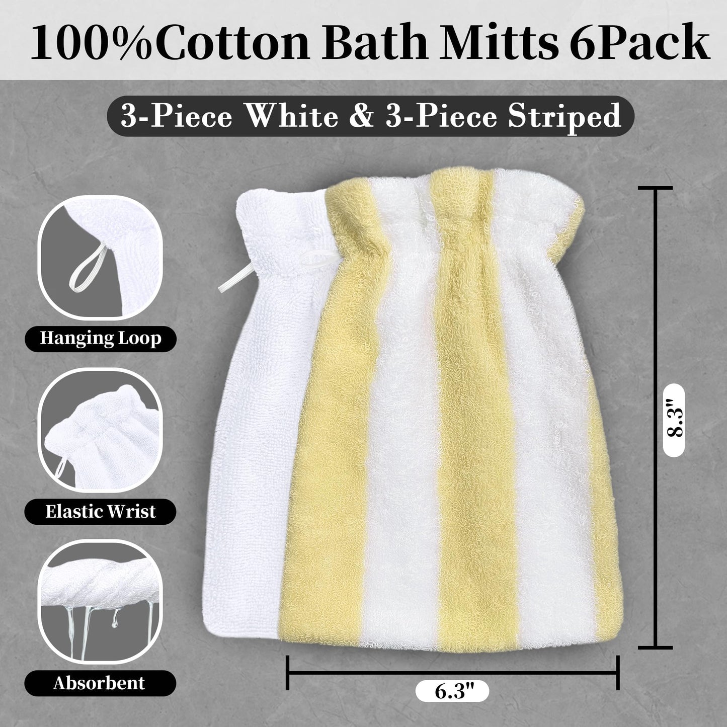 VOOVA & MOVAS Bath Washcloths 6-Pack, 8.3x6.3 Inch 100% Cotton Soft Absorbent Bath Mitt with Hanging Loop, European Style Wash Cloths for Shower & Bath, Yellow Stripe & White