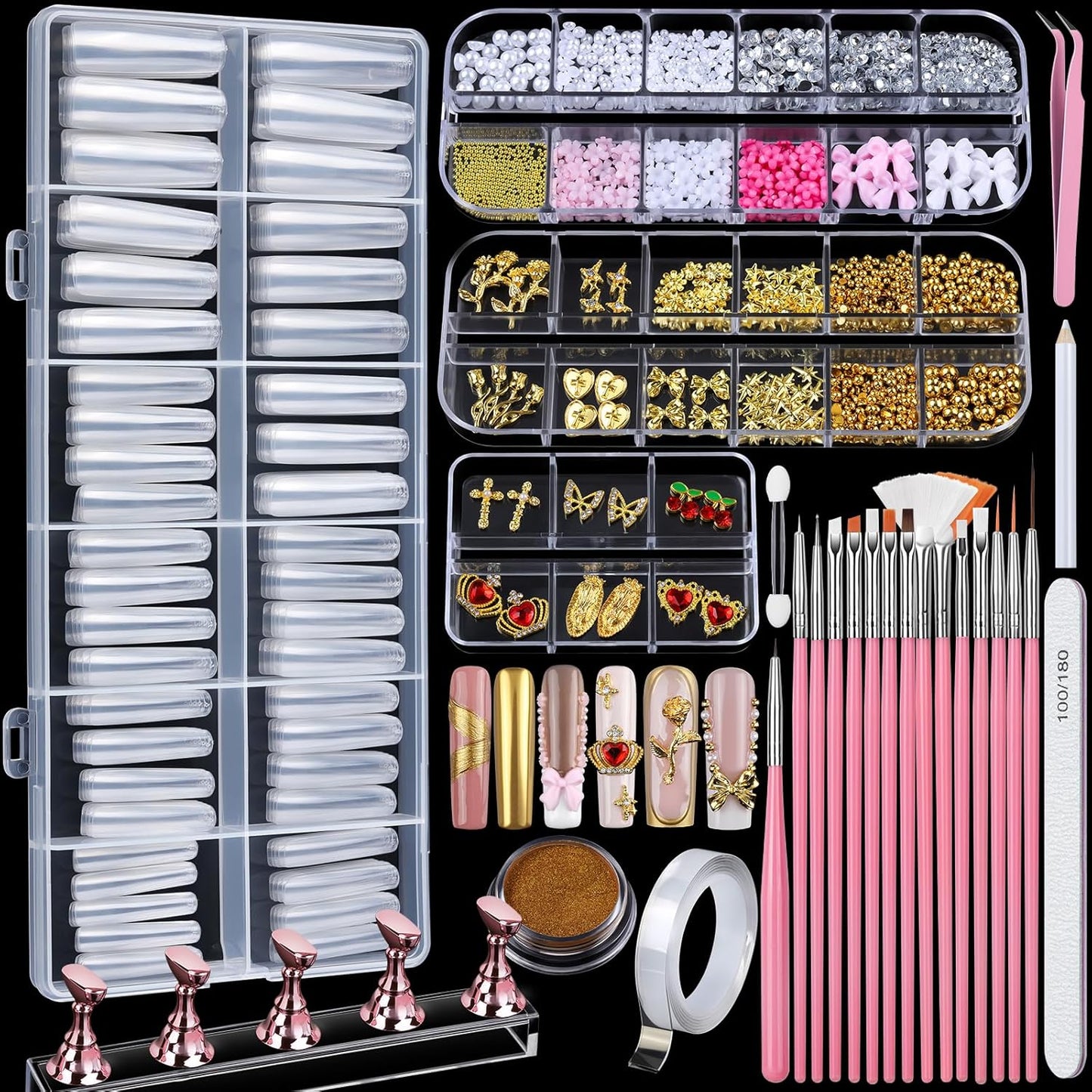 Square Nail Tips for Extensions - 240pcs XXL Clear Acrylic with Nail Charms & Art Brushes | Perfect for Gel Nails