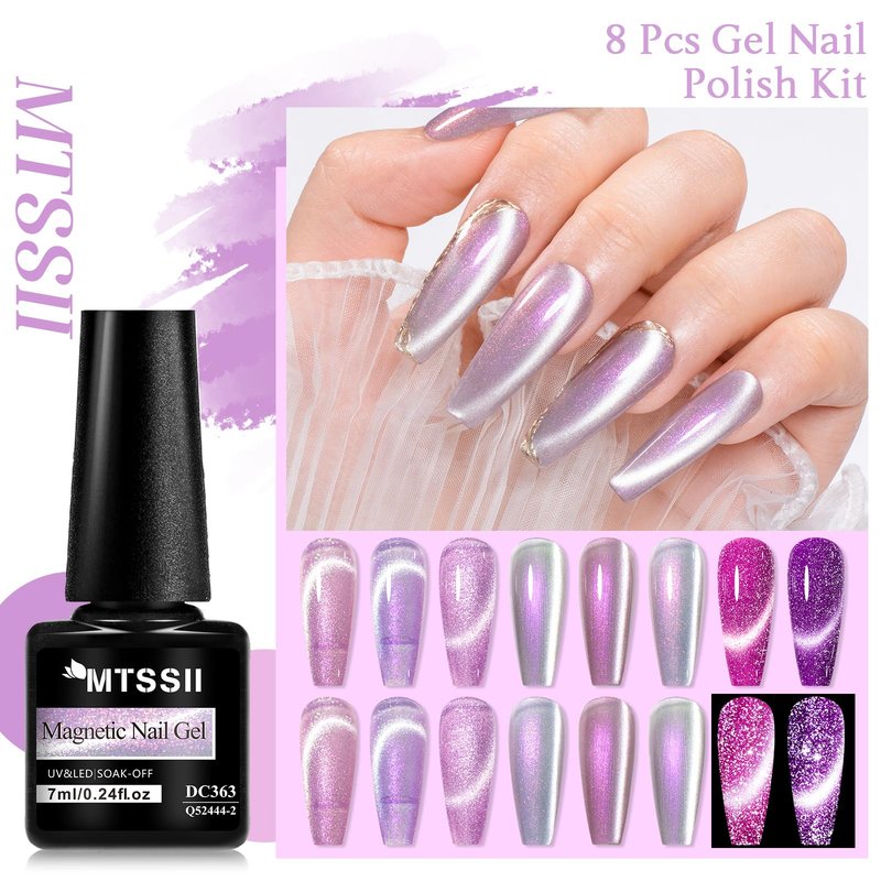 MTSSII Violet Cat Eye Gel Nail Polish Set 8Pcs Glitter Gel Nail Polish Kit with Magnet Shimmer Purple Nail Polish Set Salon Gel Manicure DIY Gift