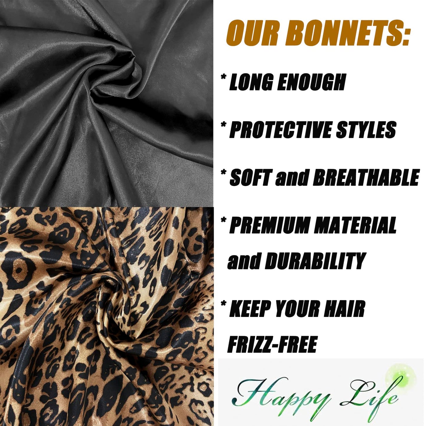 2 Pcs Hair Bonnets for Women Satin, Black Leopard Soft Elastic Band Silky Sleeping Cap Big Bonnets for Women Bonnet for Braids