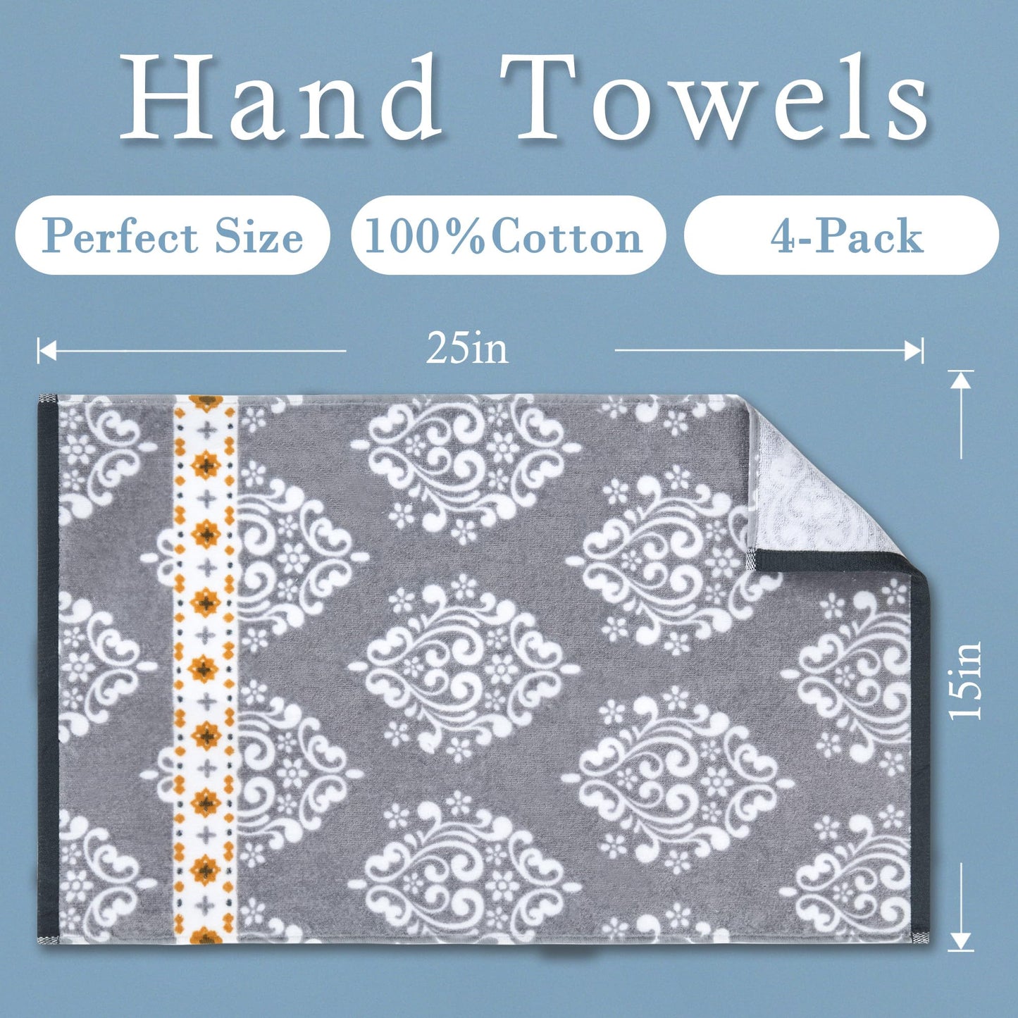 Print Hand Towels for Bathroom (15"x25", 4PC) - 100% Cotton | Not Thick | Soft | Absorbent | 400 GSM | Fluffy, Bathroom Towels Decorative Set for Guest/Daily Use, 2 Gray Damask + 2 Gold Damask