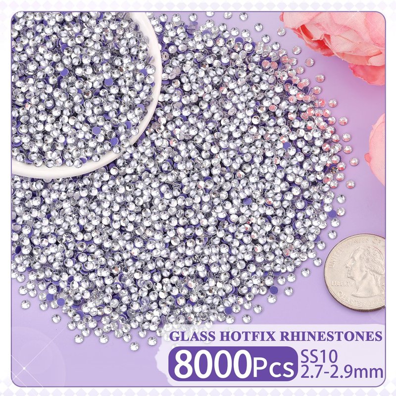 8000Pcs Hotfix Rhinestones for Clothing, Clear SS10 Iron On Flatback Glass Gems, Bedazzler Crystals Rhinestones for Crafting Clothes Hats Shoes Fabric Bedazzling Decor Nail Art