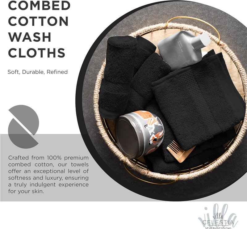 Cotton Washcloths Set of 6 - 100% Ring-Spun Combed Cotton, Soft & Absorbent | 12x12 Inch, Black