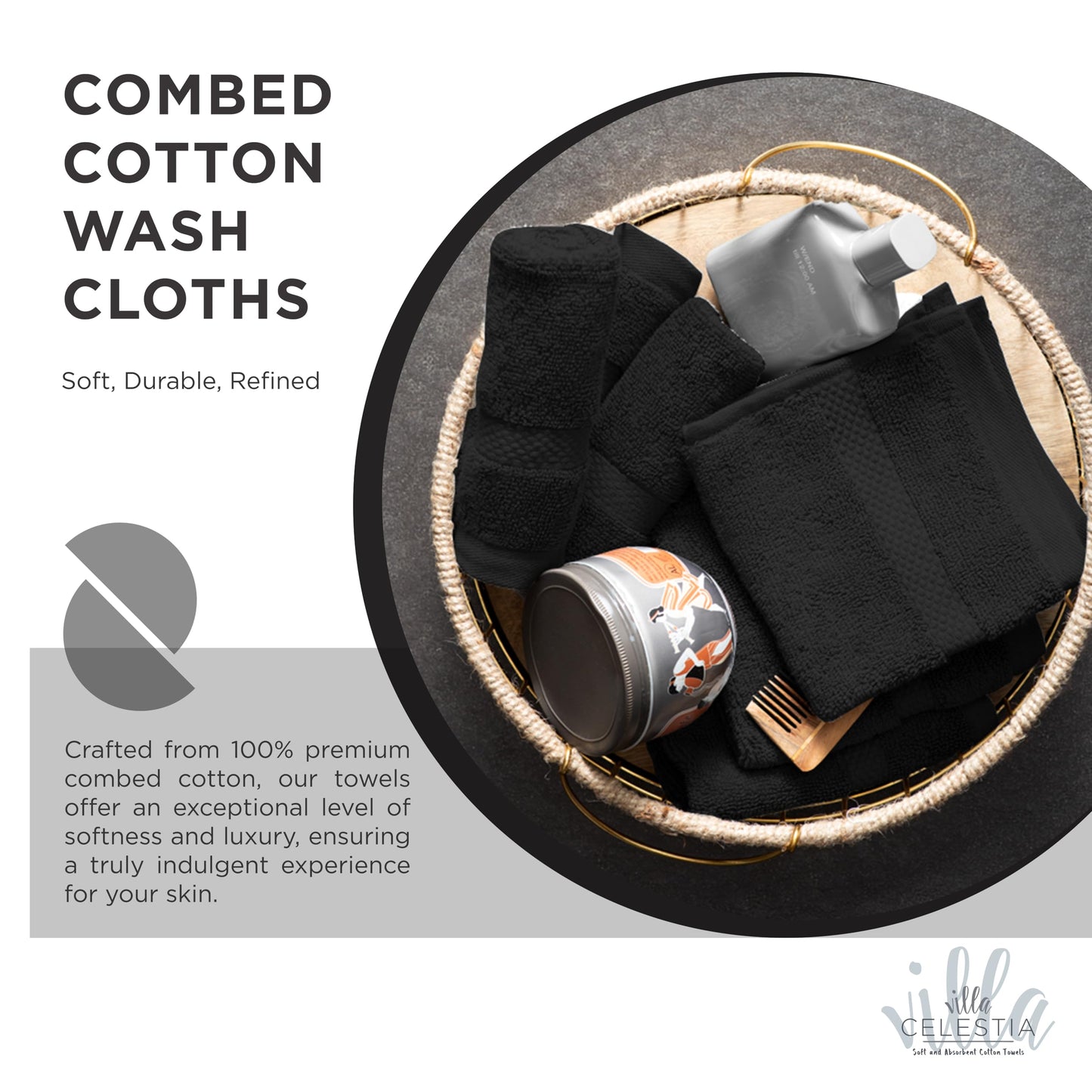 Villa Celestia Cotton Washcloths Set of 6, 12x12 Inch, 100% Ring-Spun Combed Cotton, Soft Absorbent Quick-Dry Wash Cloths for Face and Body, Oeko-TEX Certified, Hotel & Spa Quality, Black