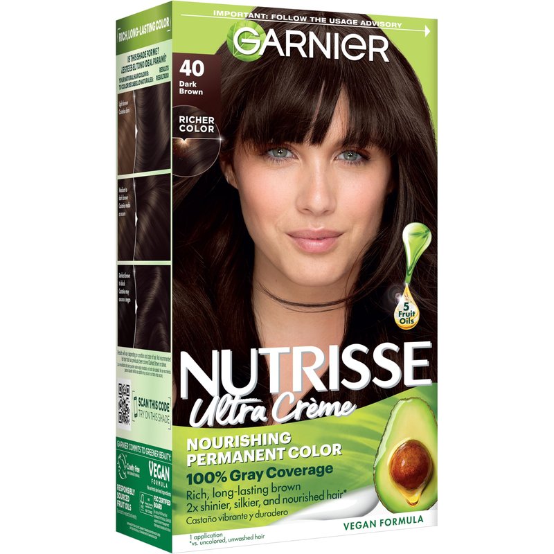 Garnier Nutrisse Ultra Crème Hair Color, Permanent Hair Dye with 100% Gray Coverage, Vegan & Cruelty-Free, 40 Dark Brown (Dark Chocolate), 1 Count