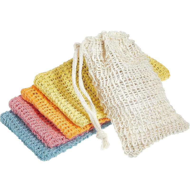 BBTO 5 Pieces Soap Saver Bag Cotton Linen Exfoliating Soap Pouch for Foaming and Drying, Shower, Scrubber(9 x 14 cm,White, Pink, Blue, Yellow, Orange)