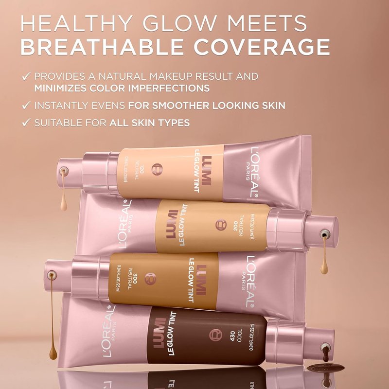 L'Oreal Paris Lumi Le Glow Skin Tint - Lightweight Water-Based Tinted Serum with Foundation Coverage | Neutral 420, 0.85 Fl Oz