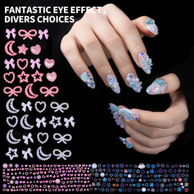 FAMDAMEI 24 Grid Nail Charms, Nail Art Kit with Multi Shapes Nail Charms and Gems, Flatback AB Nail Rhinestones Gold Nail Pearls, Charms Y2K for Nails, 3D Hawaii Flowers Nail Jewels for Nail Design