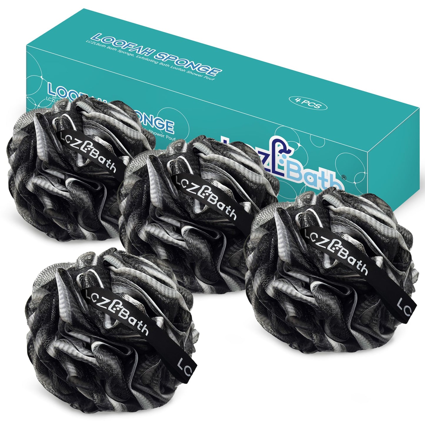 LCZLBath Shower Loofah 4PCS Soft Bath Body Sponge 60g Loofa Set Thick Wash Puffs for Women and Men (Black)