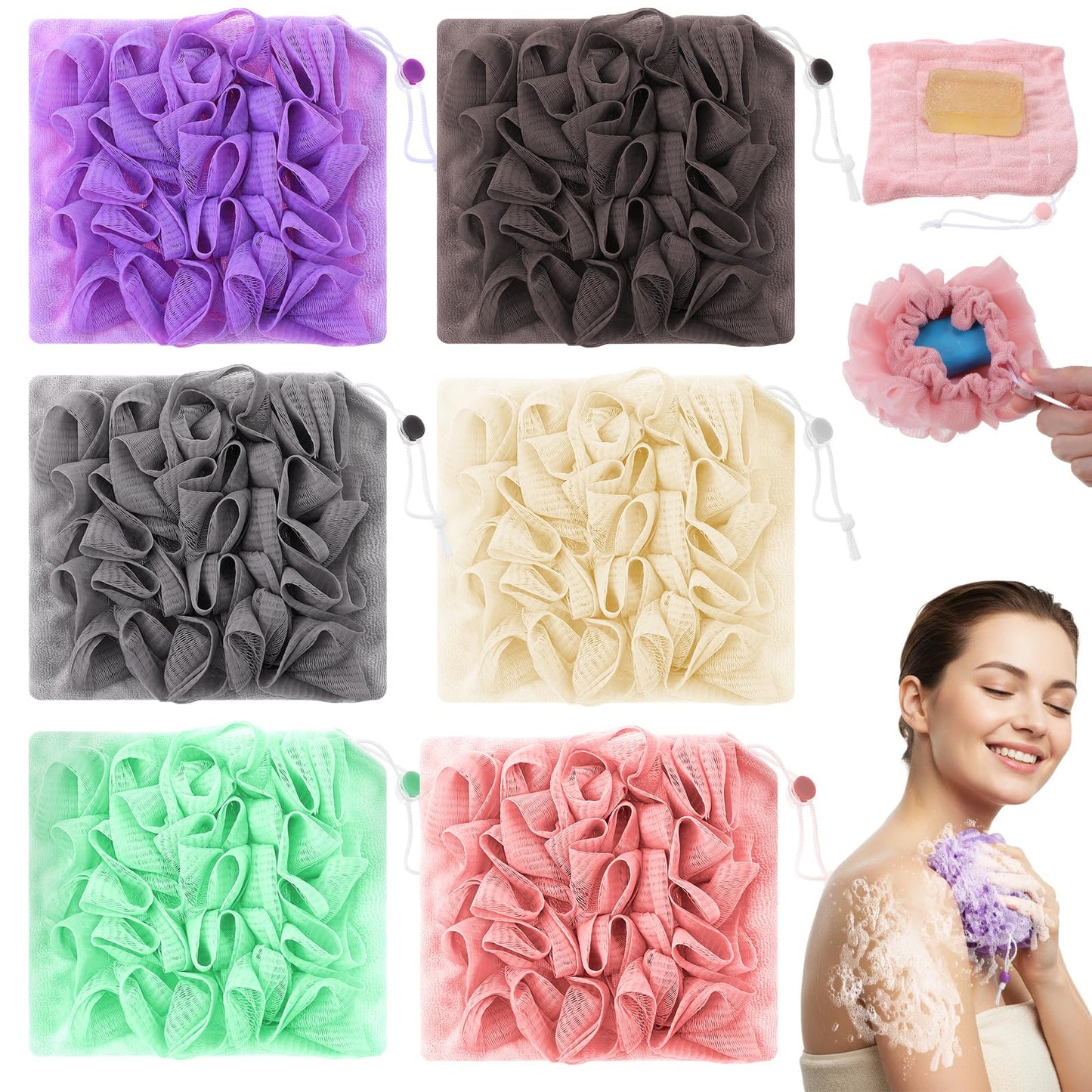 6 Pack Washcloth Loofah Combo, 2 in 1 Drawstring Loofah Sponge with Bar Soap Pocket Exfoliation Mesh Shower Puff Ball for Body Wash Cleansing and Smooth Skin (6 Colors, 6.7 x 6.7 Inch)