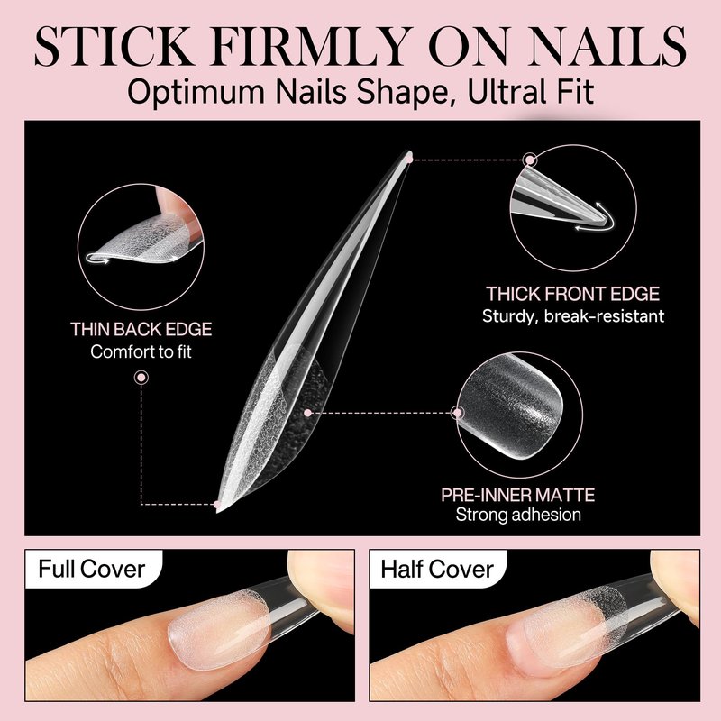 Luckyfairy Long Stiletto Nail Tips: 240pcs Long Almond Matted Stiletto Gel Nail Tips No C Curve False Acrylic Fake Nails Full Cover Press On Nails Extensions DIY Home Salon 12 Sizes