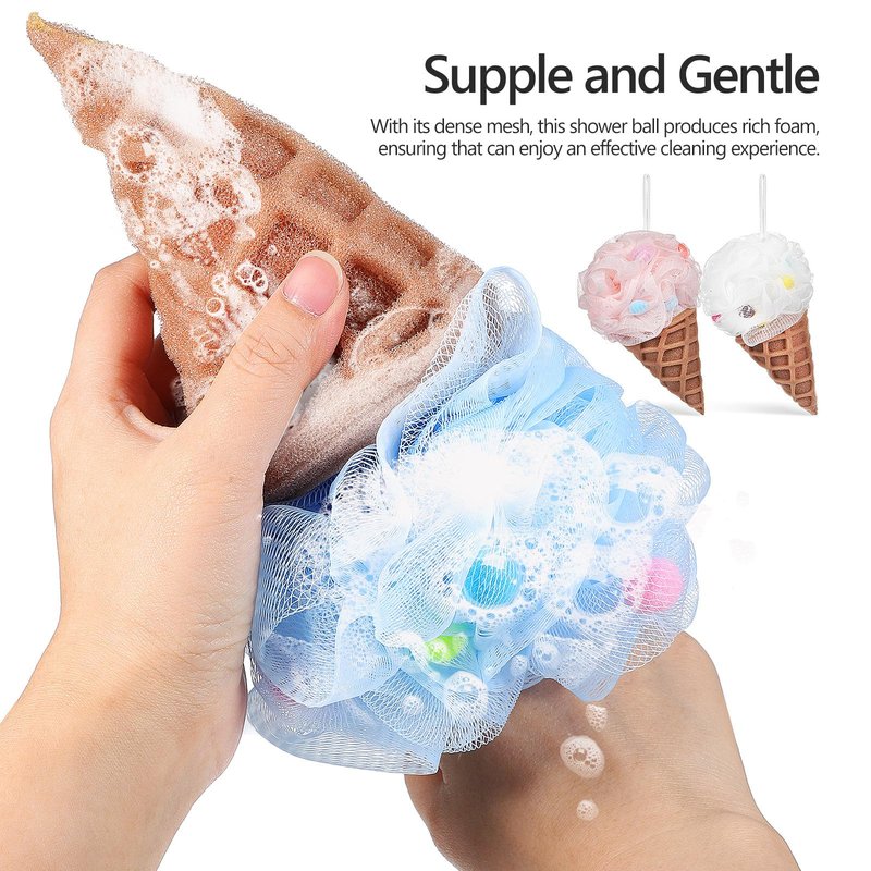 DEARMAMY Kids Loofahs 3 Pack Ice Cream Bath Sponge Shower Balls Soft Body Scrubbers with Hanging Rope for Toddlers Gentle Bath Accessories