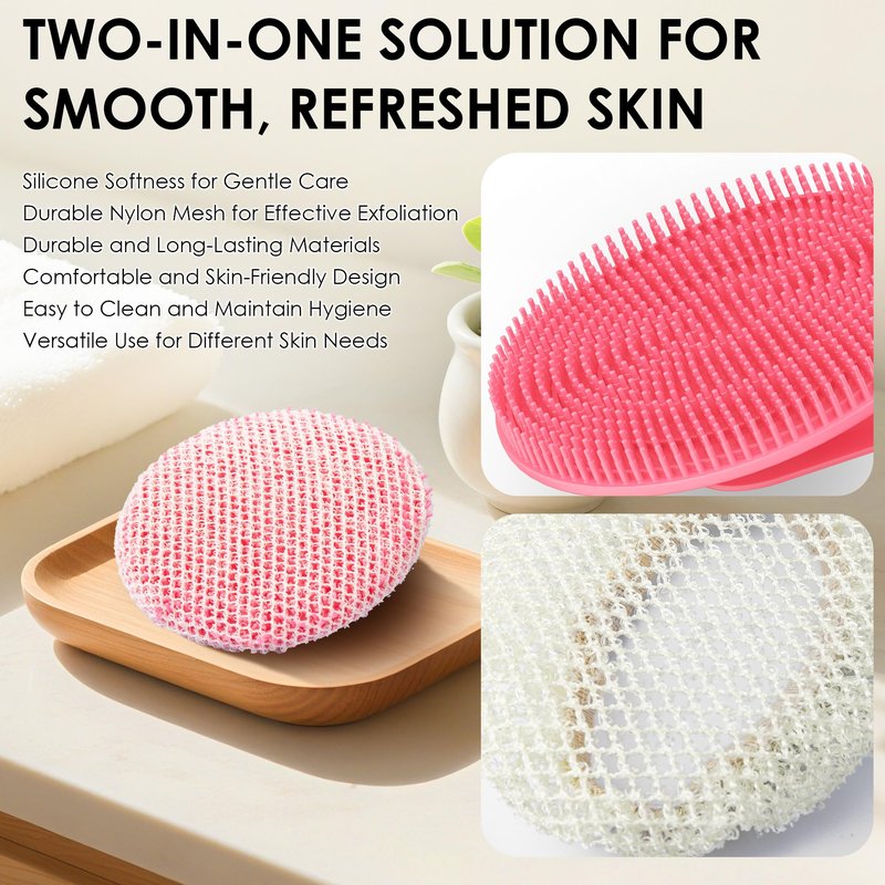 INNERNEED Food-Grade Silicone Body Scrubber Gentle Cleansing Brush with Exfoliating Net Sponge Bath Scrubbing Washcloth Case, More Hygienic and Well Lather (Pink Set)