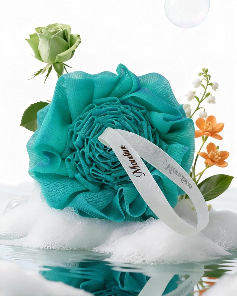 Loofah Bath Sponge | Large Exfoliating Flower Body Scrubber - Soft, Durable & Rich Lather | 4-Piece Set (Green-Blue)