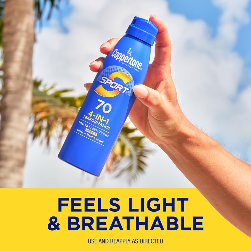 Coppertone SPORT Sunscreen Spray SPF 70, Water Resistant Sunscreen, Broad Spectrum SPF 70 Sunscreen, Bulk Sunscreen Pack, 5.5 Oz Spray, Pack of 3