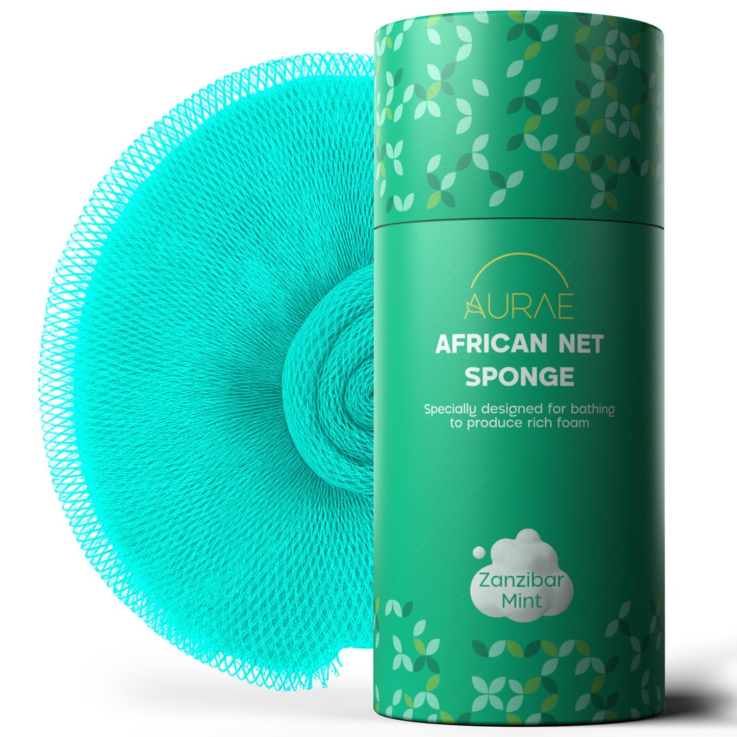 AURAE Premium African Net Sponge – Authentic Exfoliating Body Scrubber, 45-Inch, Quick-Drying – Mint