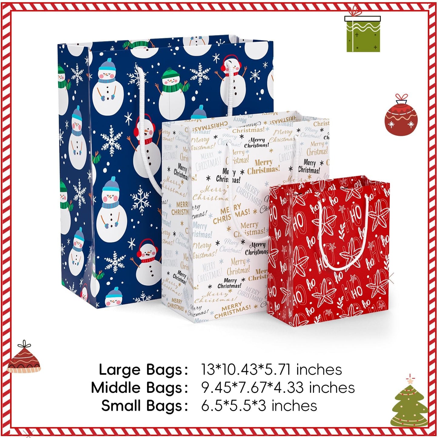 DeckTheHalls 12 PCS Christmas Gift Bags Presents Wrapping, Xmas Patents Gift Bags Candy Bags Decor Supplies for Classroom, Wedding, Birthday, Holiday, Christmas (Large 13’’, Medium 9.5’’, Small 6.5’’)