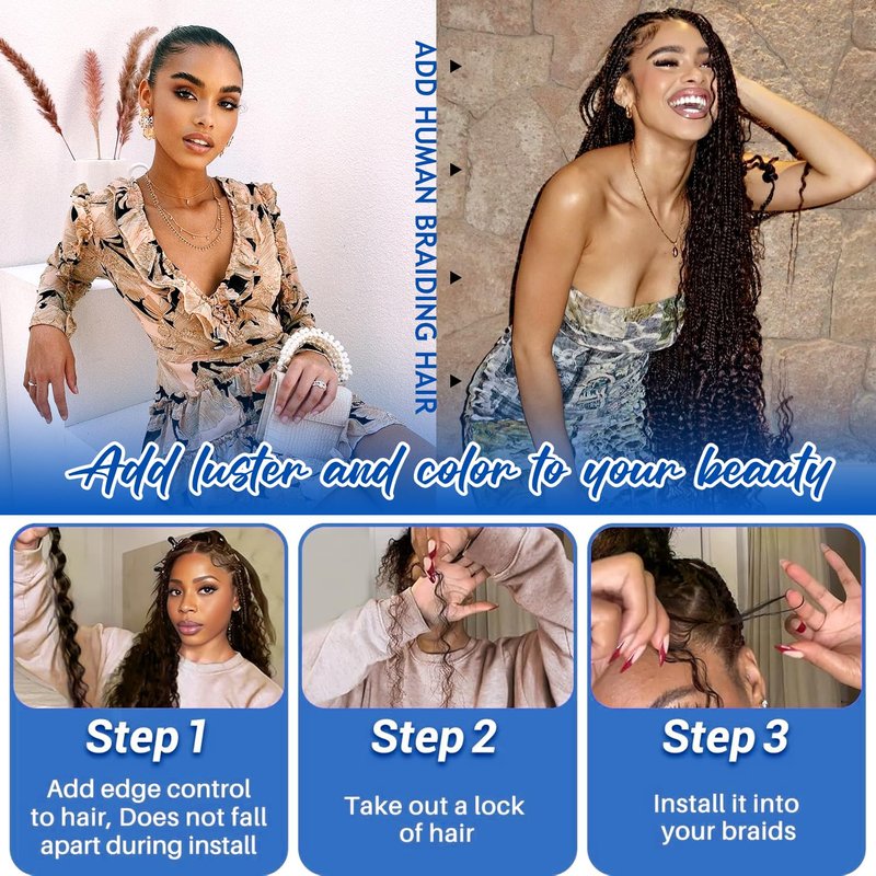 BIZVUS Human Braiding Hair for Boho Braids 110g Curly Boho Hair for Braiding Knotless 12A Wet and Wavy Bulk Bohemian 3 Bundles/Pack Deep Wave 100% Human Hair Extensions Natural Color 16inch