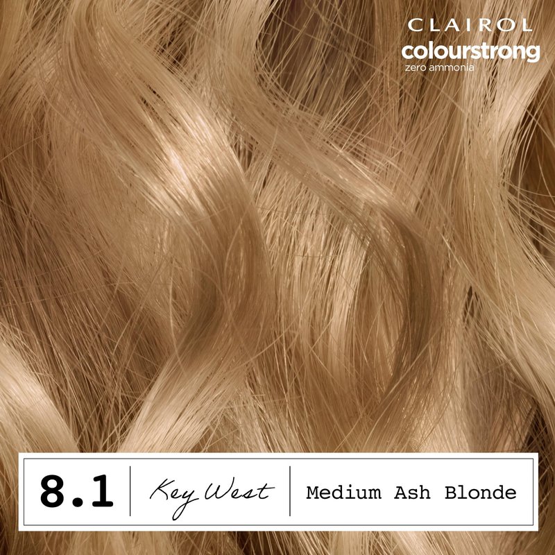 Clairol ColorStrong Permanent Hair Dye, Ammonia‑Free, PPD‑Free, 100% Gray Coverage with Bonding System, 8.1 Medium Ash Blonde - Key West Hair Color, Pack of 1