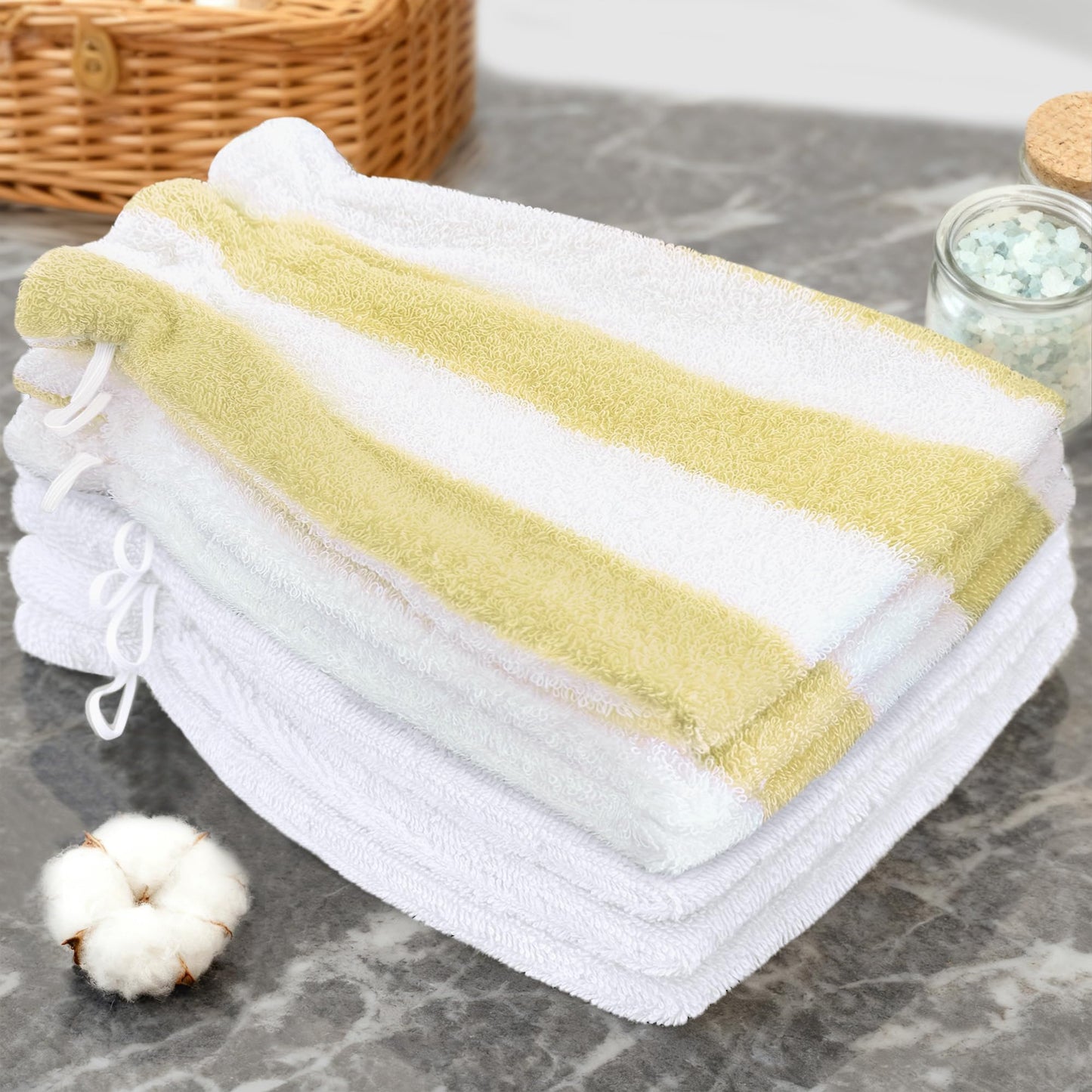 VOOVA & MOVAS Bath Washcloths 6-Pack, 8.3x6.3 Inch 100% Cotton Soft Absorbent Bath Mitt with Hanging Loop, European Style Wash Cloths for Shower & Bath, Yellow Stripe & White