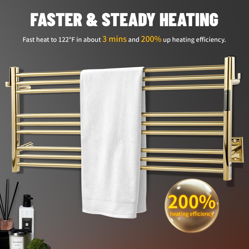 K&KALONZO Towel Warmer for Bathroom, Wall-Mounted 9-Bar Heated Towel Rack with Built-in Timer, Waterproof Electric Towel Heater, Support Plug-in and Hardwired, Polished Gold, EL13L