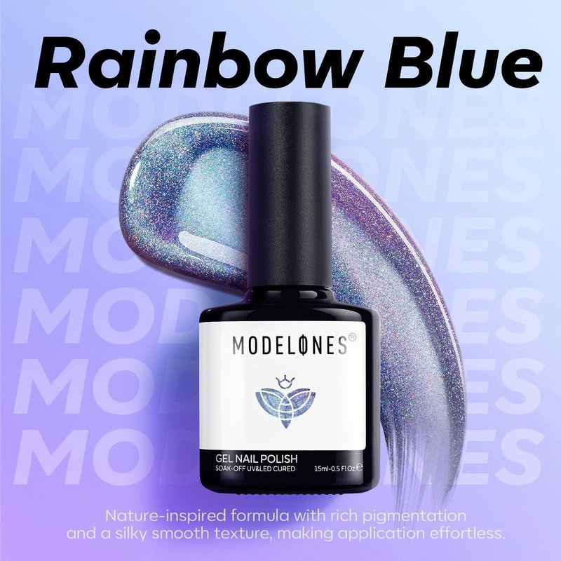 modelones 9D Magnetic Cat Eye Gel Nail Polish, Holographic Blue Purple Rainbow Shimmer, 15ML UV LED Soak Off Gel Manicure Design - Reflective Top Coat for Women & Girls