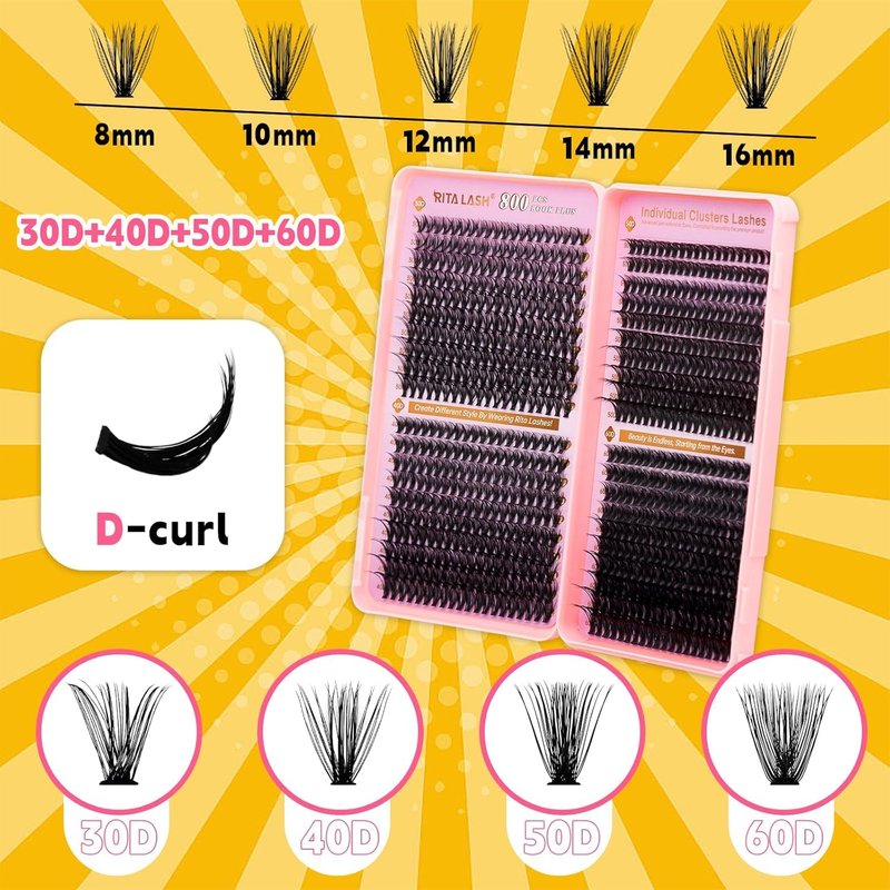 RITALASH Lash Extension Kit - 800pcs DIY Cluster Lashes with Bond, Seal, Remover & Tweezers | 30D-60D, 8-16mm