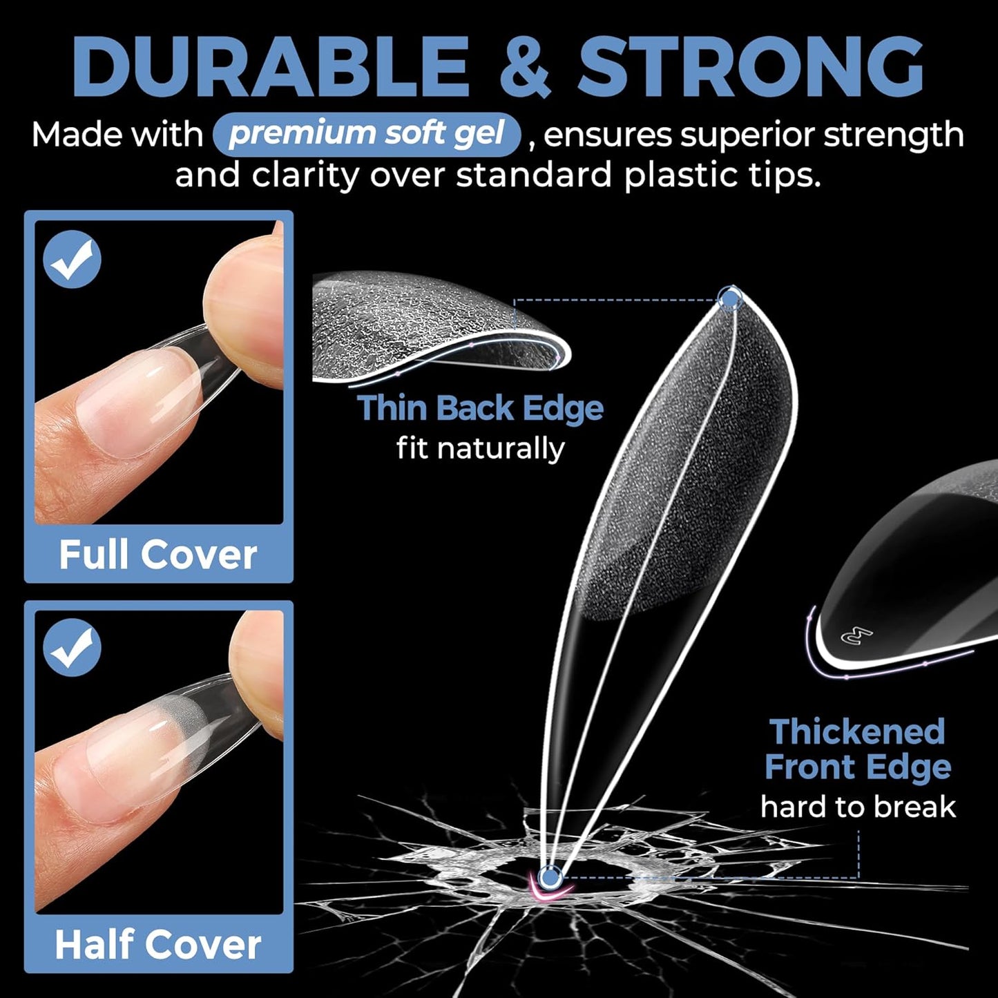 UNA GELLA Medium Stiletto Gel Nail Tips - Full Cover 216 Pcs Almond Shape | Pre-Etched Soft Gel Nails in 12 Sizes