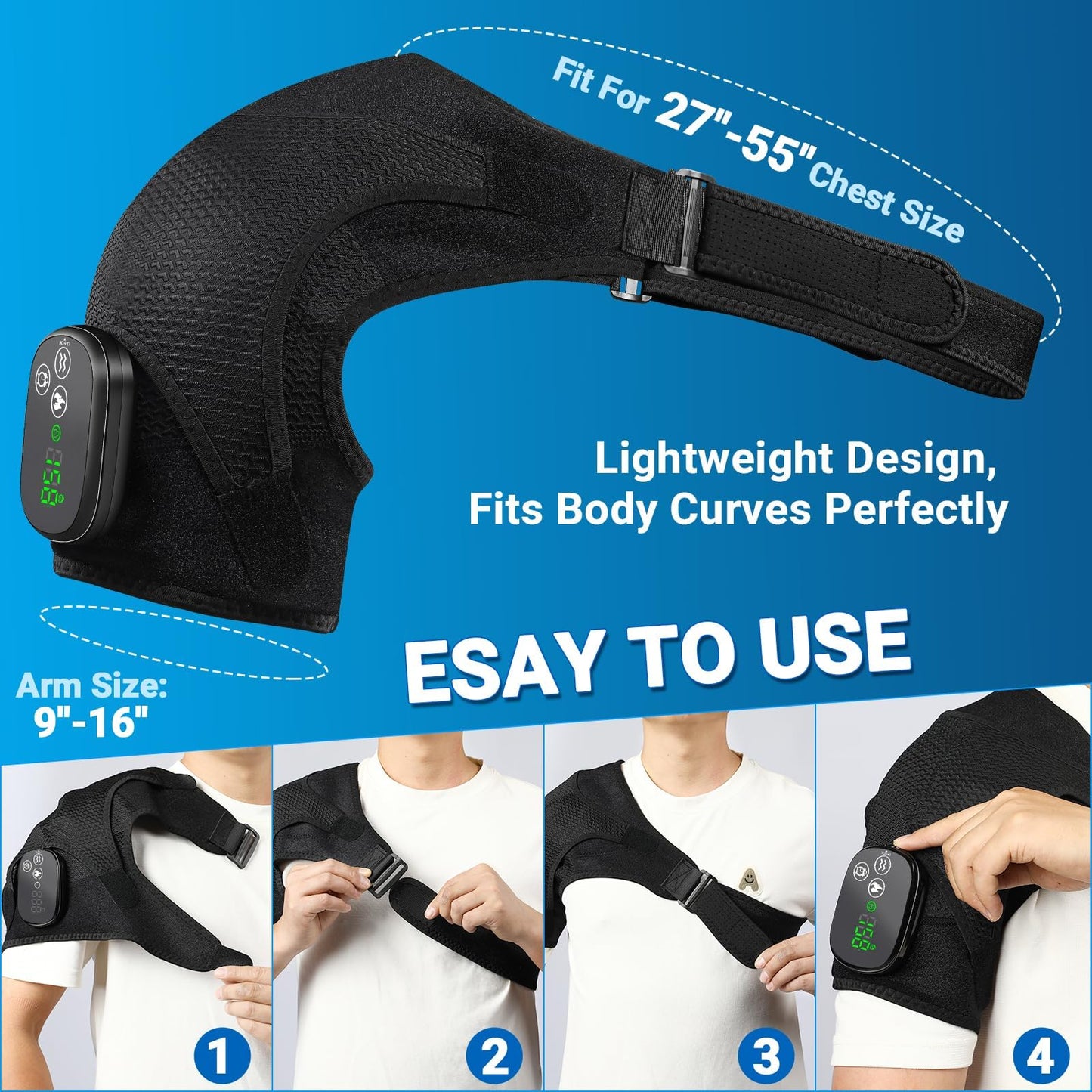 YUANBO Cordless Shoulder Heating Pad with Massager, Portable Shoulder Massager Wrap with 6 Timer & 3 Vibration with 6 Heat & Timer Modes Warmer for Men Women