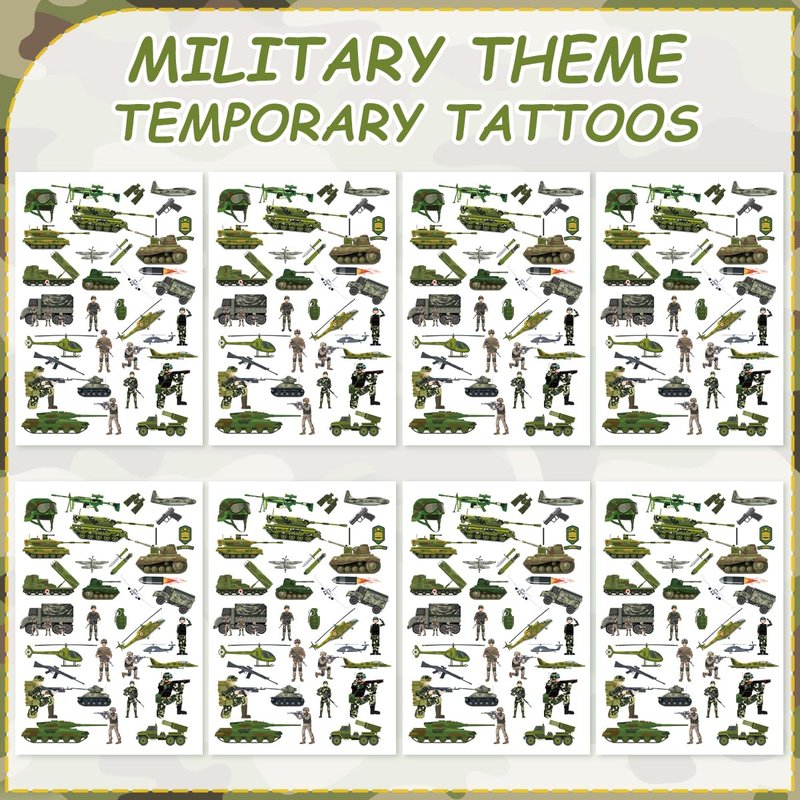 8 Sheets Army Birthday Decorations 200+ Army Temporary Tattoos Military Stickers Camo Theme Party Soldier Helicopter Tank Truck Temporary Tattoos Party Favors Supplies Prizes Rewards