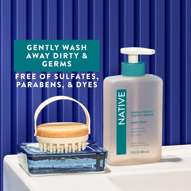 Native Liquid Hand Soap, Sandalwood & Coastal Breeze Scent, Non-Drying Formula for Soft, Smooth Hands, Made with Plant-Based Cleansers, Sulfate & Paraben Free, 13 oz Bottle