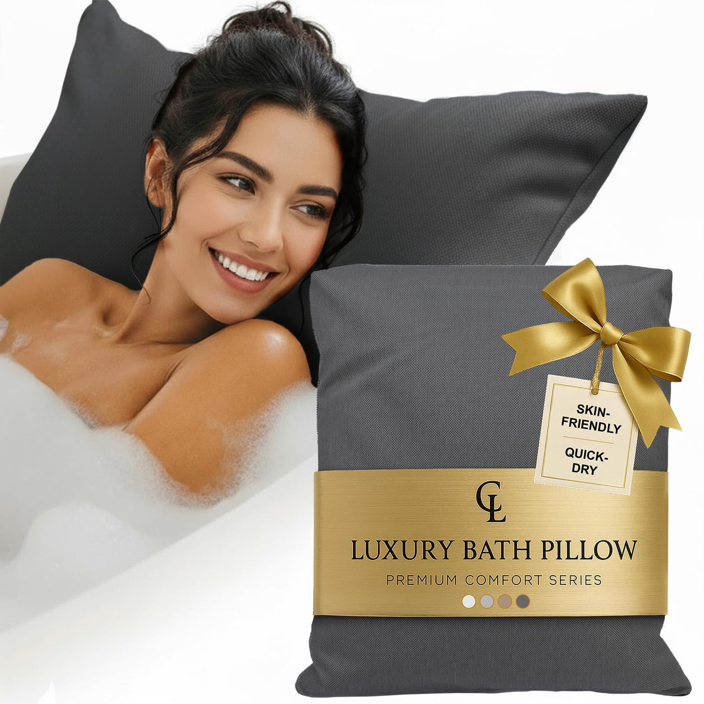Luxury Bath Pillow for Tub - Thick and Comfortable Bathtub Pillow Support for Head and Neck and Back - Washable Quick-Drying Bath Pillows - Bath Cushion for Home Spa - Fits Any Bathtub - Dark Gray