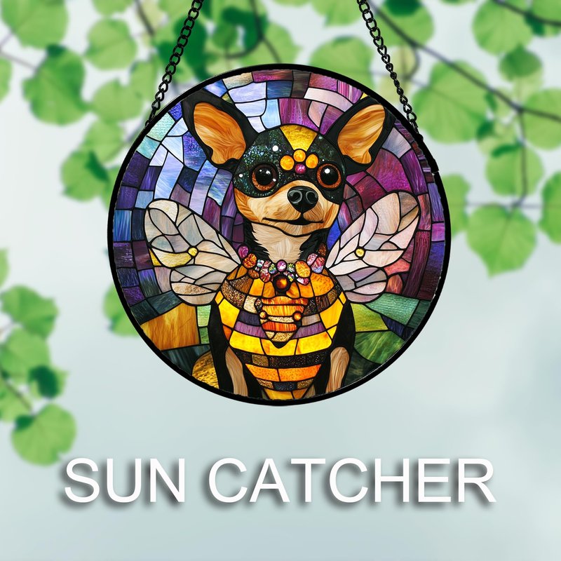QZQCBLC Stained Glass Window Hanging Cute Bee Dog 6.3" - Black Yellow Suncatcher Door Terrace Garden Sun Catcher Home Decor Birthday Christmas for Mom Men Woman Wife Friend