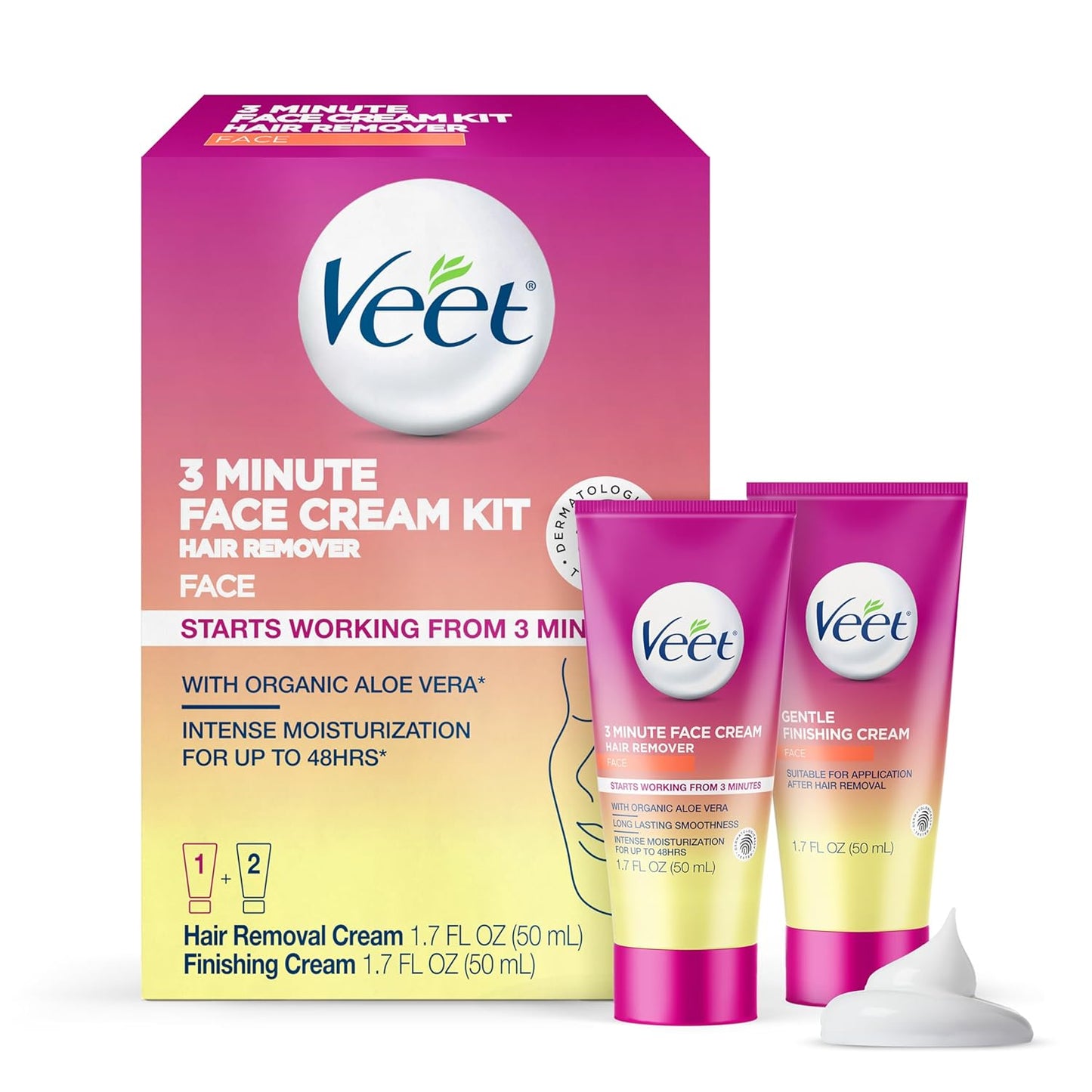 Veet Facial Hair Removal Cream for Women - Organic Aloe Vera | 2-Piece Kit, 1.7 Fl Oz Each