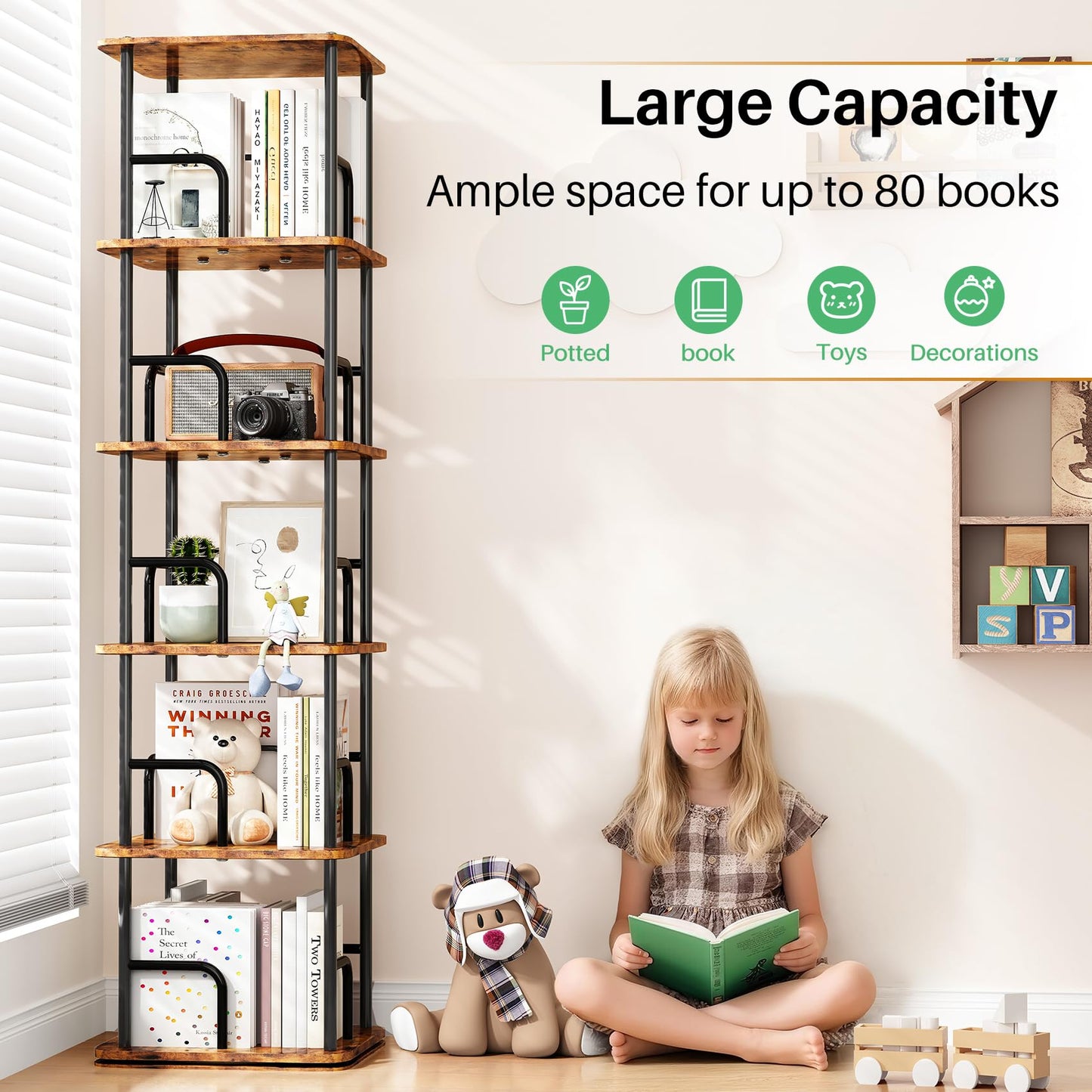 Branwick Rotating Bookshelf 5 Tier 360° Accessibility, Revolving Bookcase Spinning Bookshelf Tower, Wood Narrow Space Saving Book Shelf Organizer for Bedroom, Living Room, Study Room