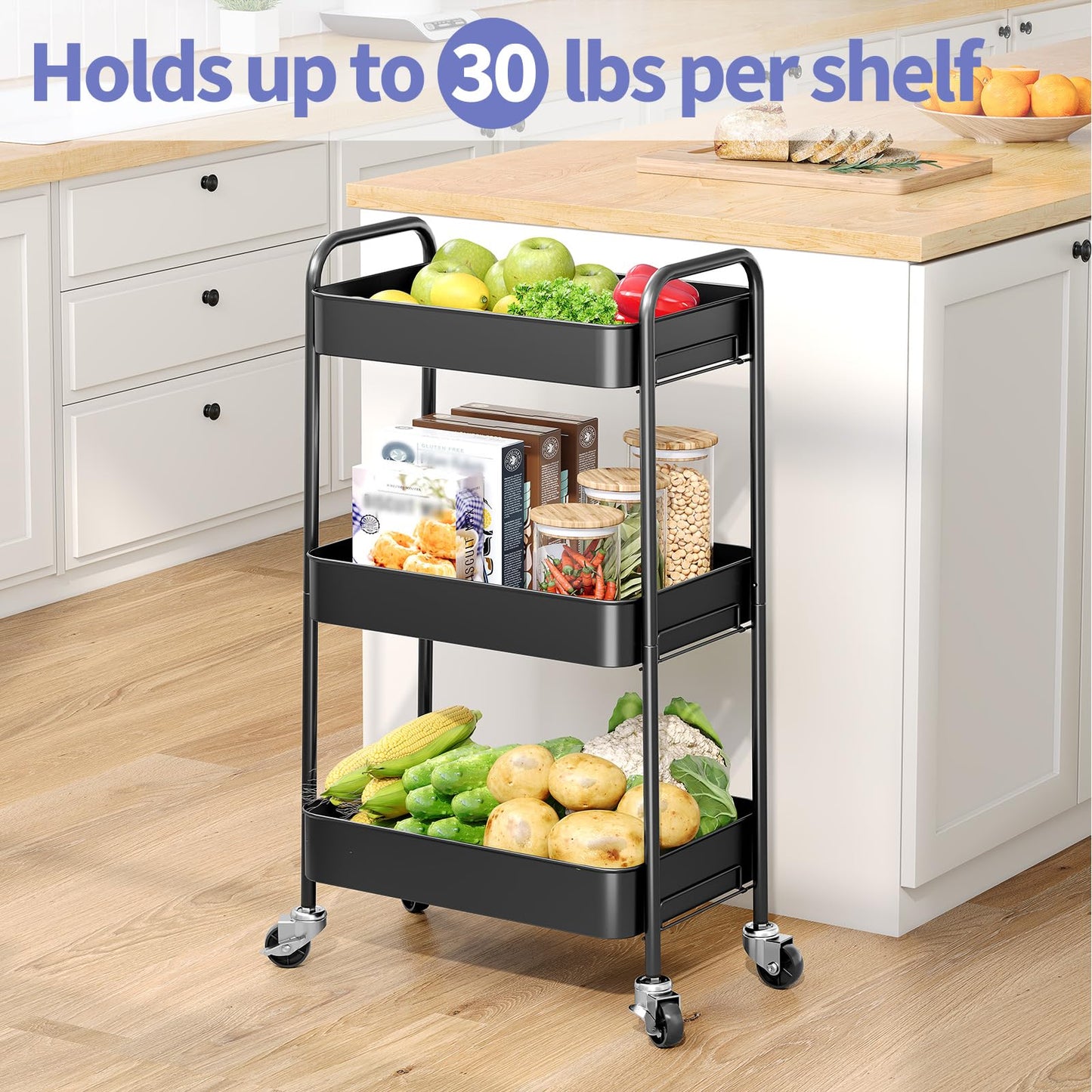 TOOLF 3-Tier Metal Rolling Cart with Wheels, Storage Utility Organizer Cart for Kitchen, Bathroom, Office, Baby Essentials & Makeup - Lockable Casters, Easy Assembly, Large Capacity, Black