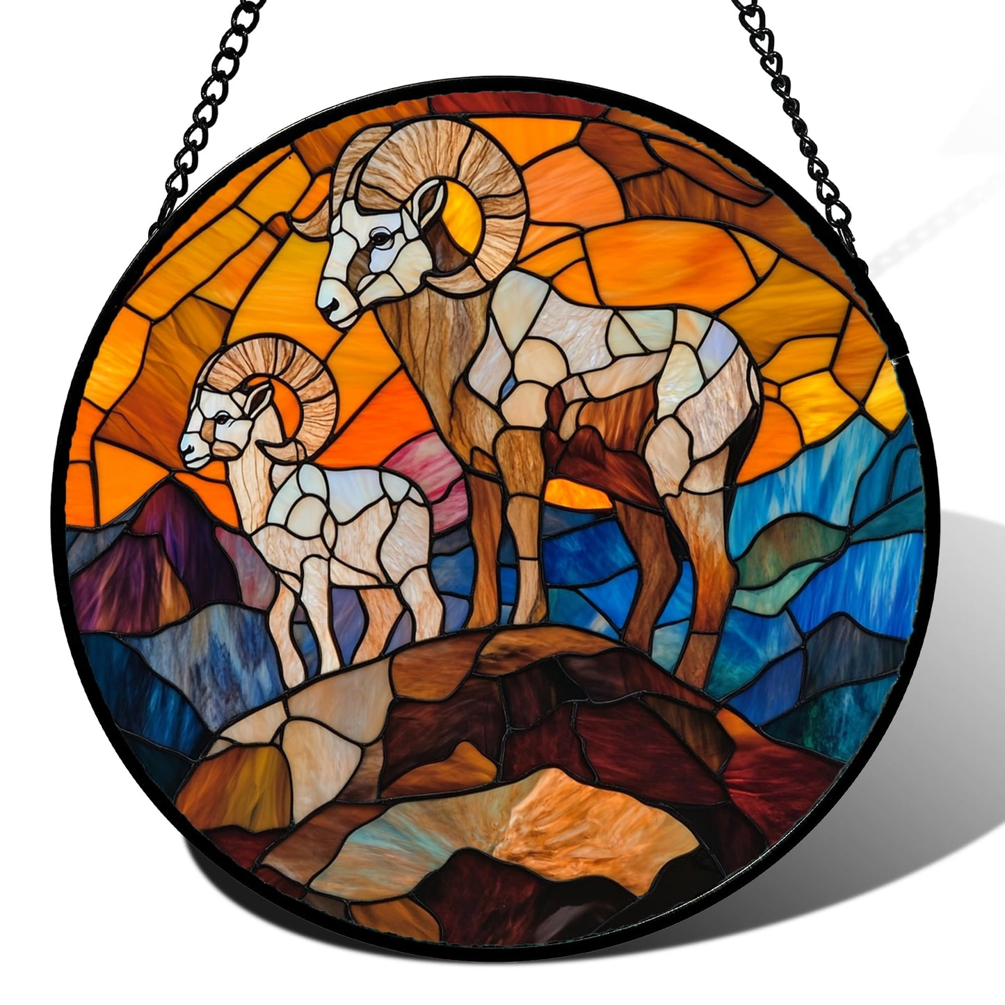 QZQCBLC Stained Glass Window Hanging Bighorn Sheep Mountain Landscape 6.3" - Suncatcher Door Garden Sun Catcher Home Decor Christmas Birthday for Mom Men Woman Friends Nana