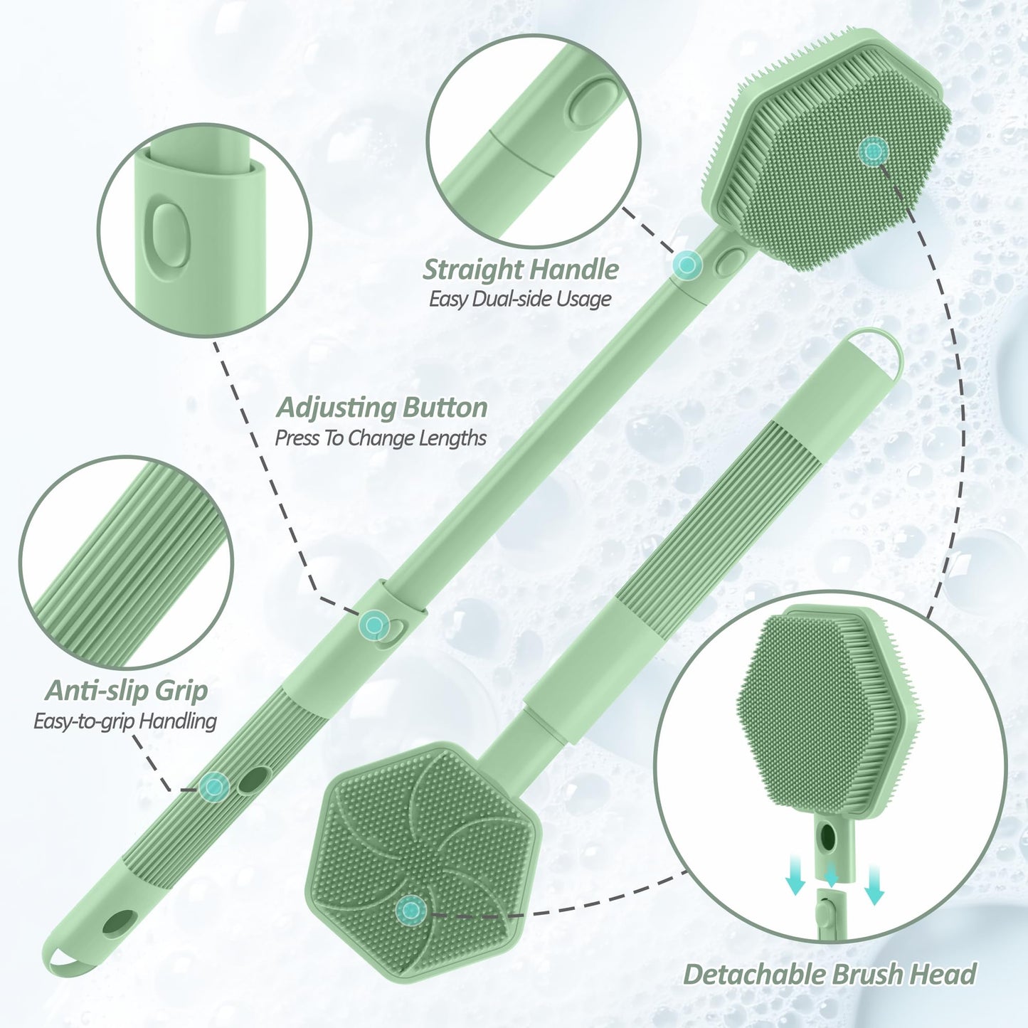 GEENOA Silicone Back Scrubber & Soft Bath Glove 2PCS, 16''- 21''Extendable Back Scrubber with Dual-Side Large Head, 360° Anti-Slip Hand-fit Silicone Body Scrubber for Rich Foaming Deep Cleaning(Green)