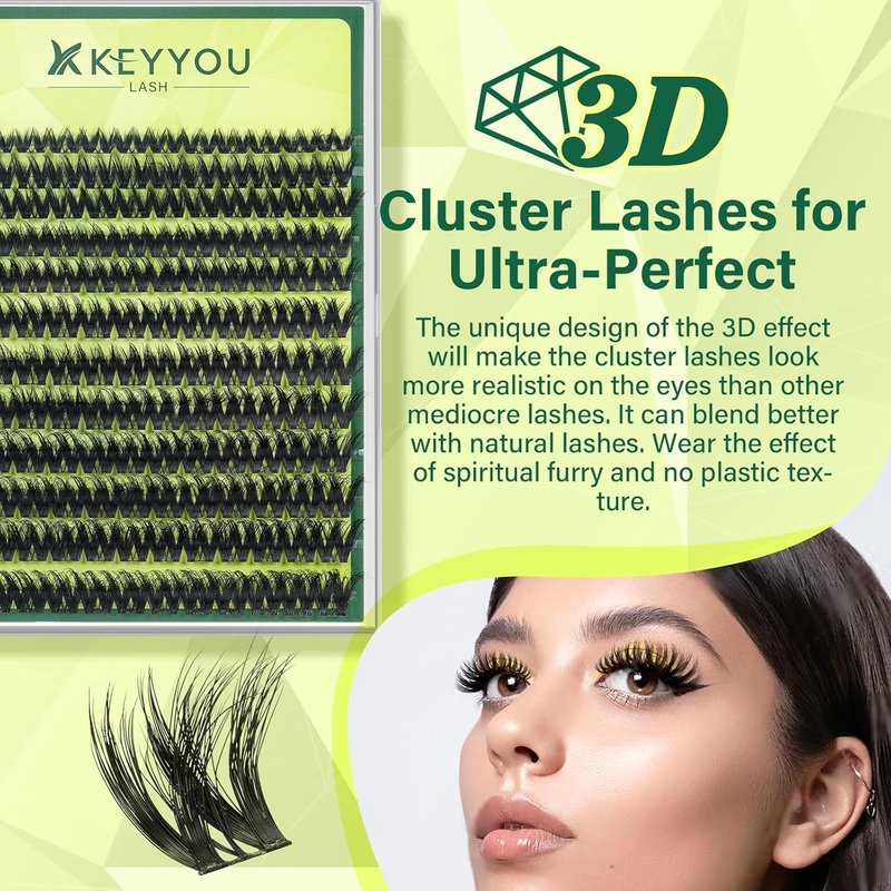 KEYYOU 3D Volume Lash Clusters - Flaunt Style with 144PCS D Curl Flora Wispy Look | LengthLock 8–18mm Mix, Ultra-Thin Black Band