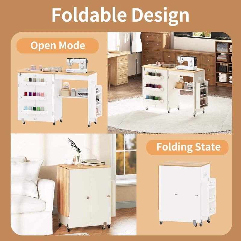 Folding Sewing Table with Power Outlet, Rolling Sewing Desk with Side Storage Rack, Compact Portable Sewing Cabinet for Sewing Machine, Craft Table Organizer for Home (White)