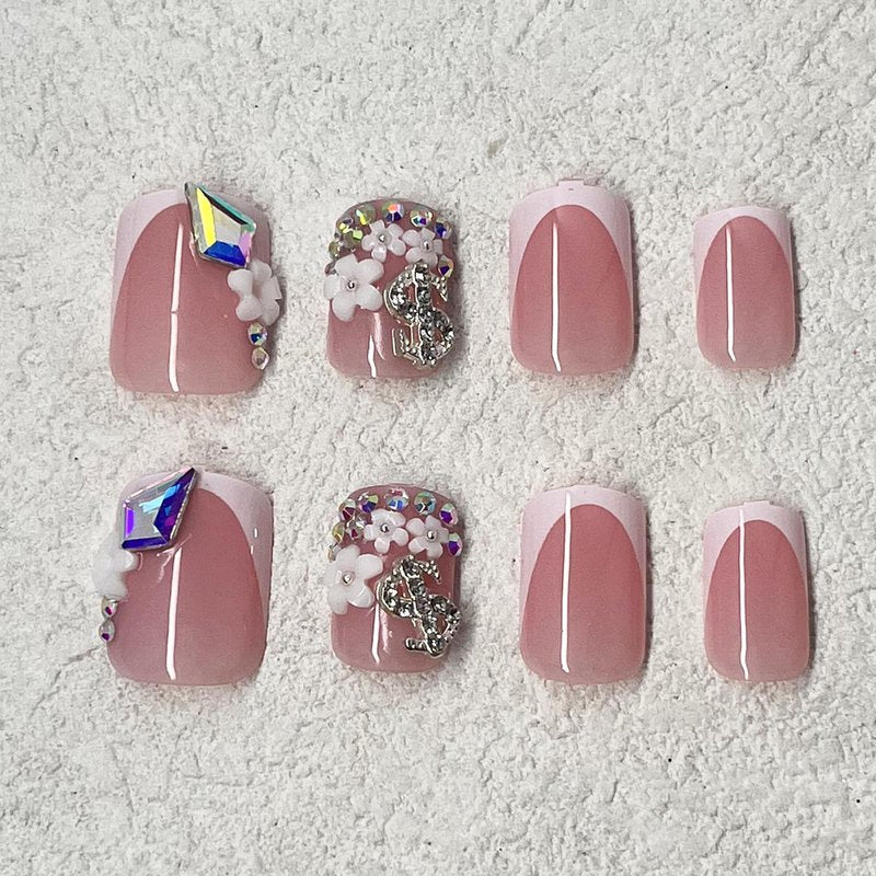 Jremg White French Tip Press on Nails Short Square Fake Nails with Flower Charms Design Cute 3D Silver Dollar Rhinestones False Nails Glossy Nude Pink Glue on Nails for Women Girls Manicure 24Pcs