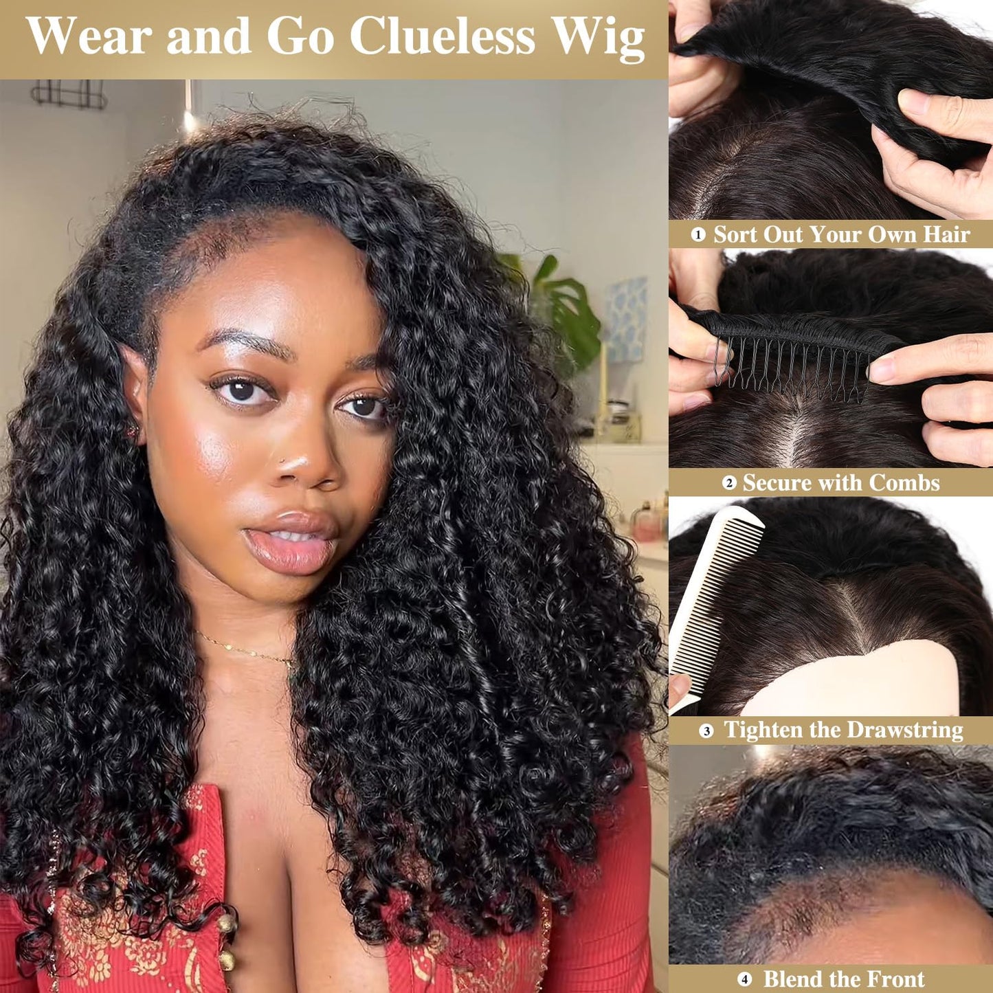 WIGNEE Burmese Curly Human Hair Half Wigs for Women 18 Inch 200% Density Glueless Deep Wave 3 In 1 Seamless Flip Over Half Wig Wear Go Drawstring Headband Wig with Spiral Ends Natural Color