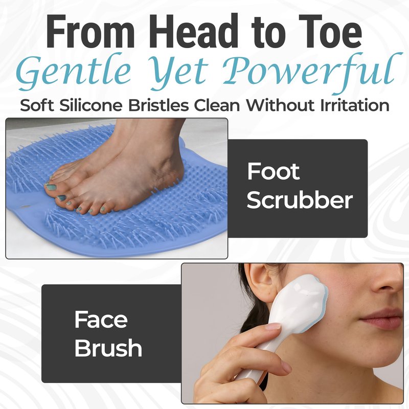 5 PCS Silicone Loofah Body Scrubber Care Set – Back Scrubber, Face Brush, Foot Scrubber, Shampoo & Scalp Brush, Silicone Body Scrubber with Handle (Blue)