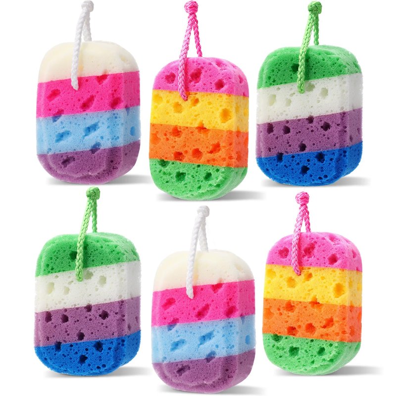 FoldTier 6 Pcs Exfoliating Bath Sponge Body Loofah Sponges Shower for Women Reusable Soft Bathing Pouf Foam Lufa Body Scrubber and Rich Lather, Color Matching(Gradient Colors)