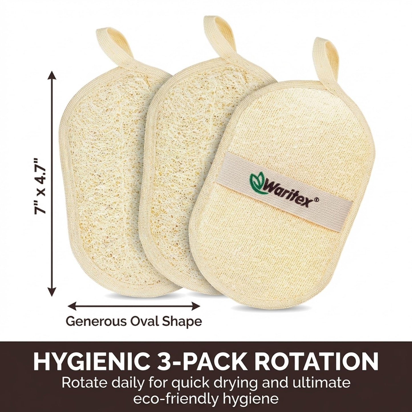 Waritex Egyptian Loofah Oval Exfoliating Body Scrubbers [3 Pack] - Loofah Shower Pads with Hand Strap for Gentle Skin Exfoliation, Smooth & Refreshing Skin, Face and Body